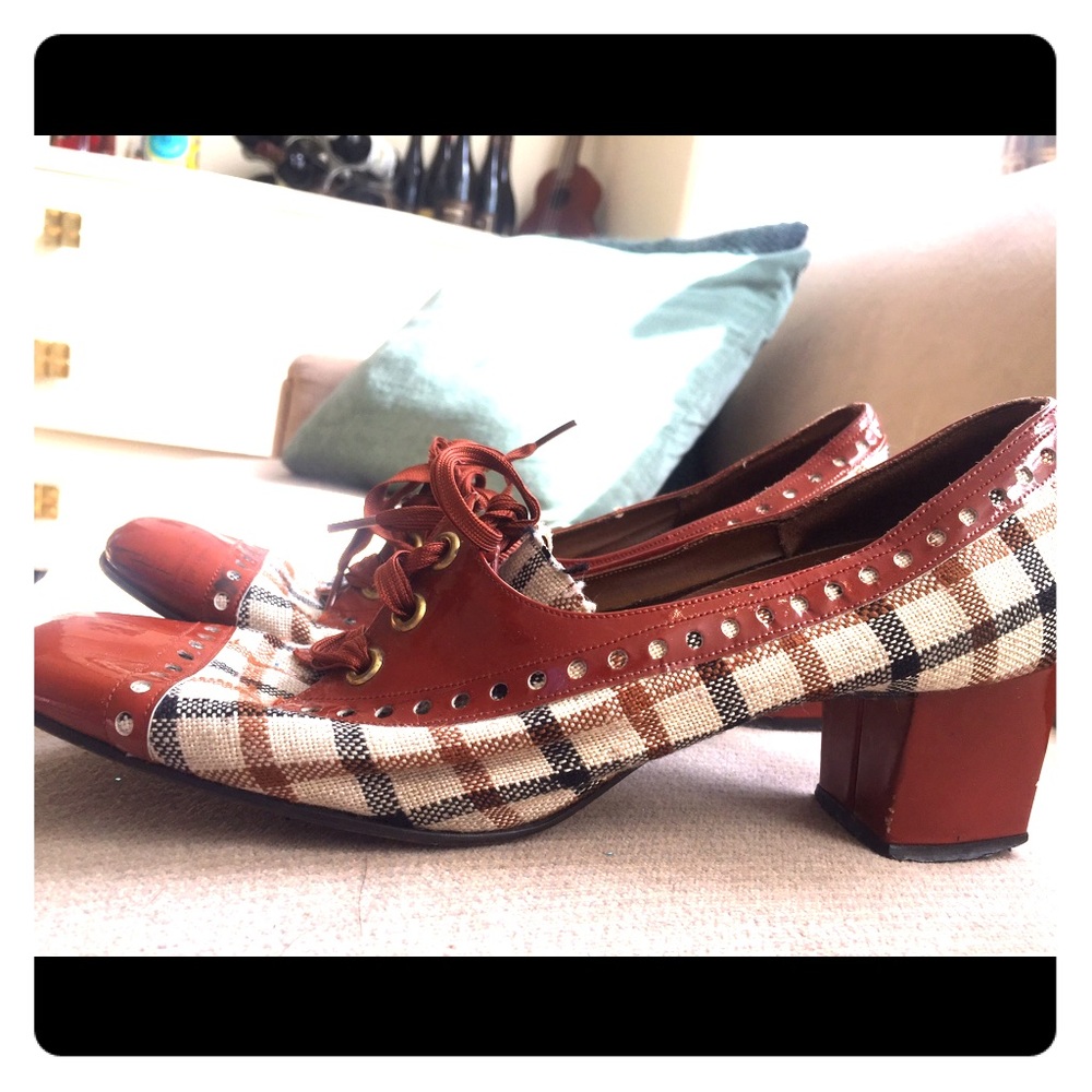 Vintage Patent and Plaid Heeled Oxfords
