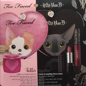 Too Faced and Kat Von D makeup pouch with makeup