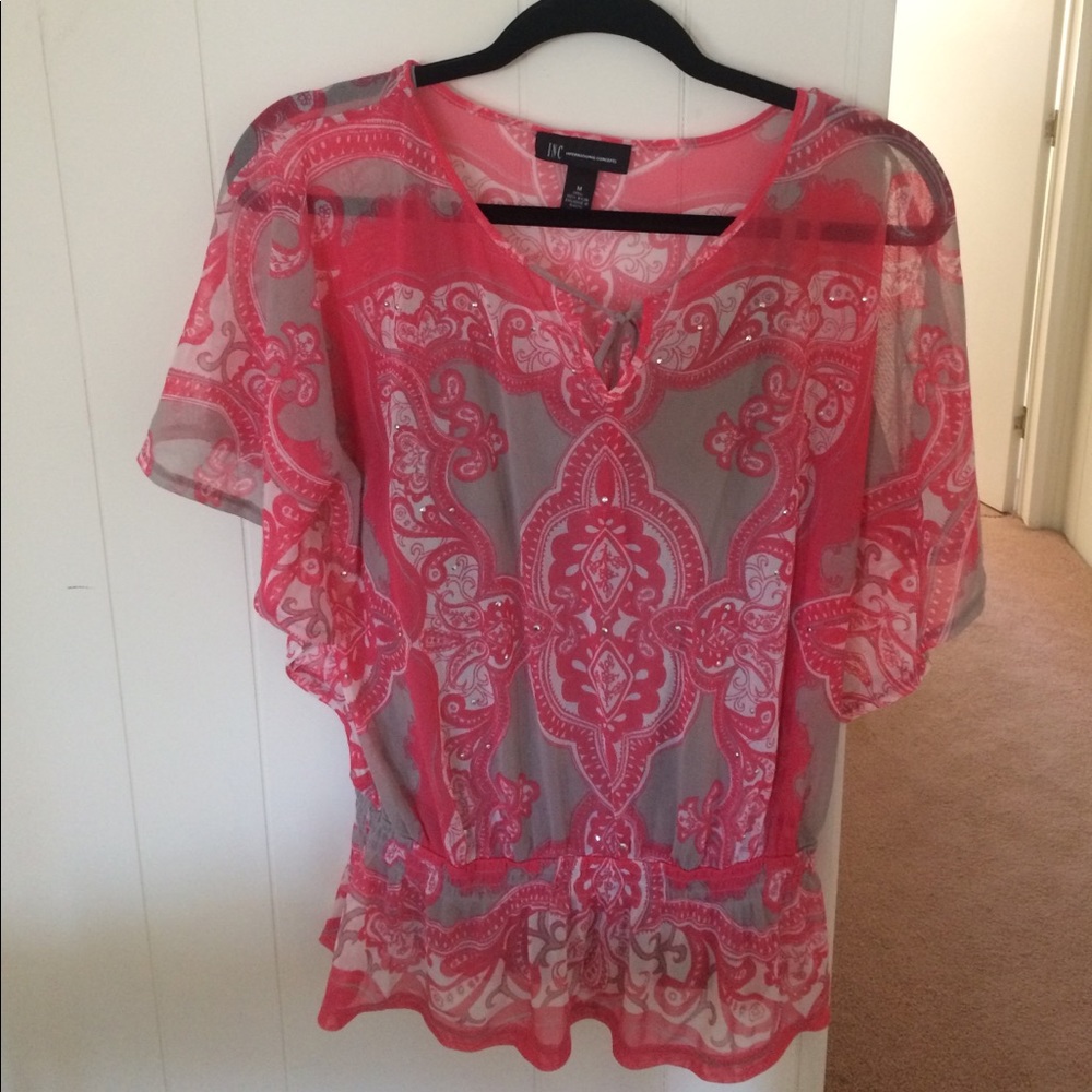 INC hot pink sheer blouse w/gray tank..