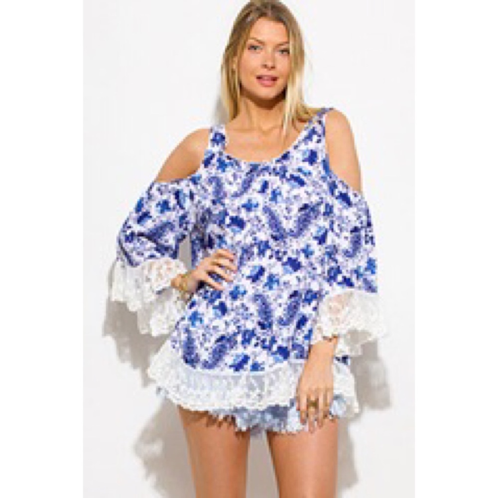 Blue Floral Paisley Cold Shoulder Blouse Top