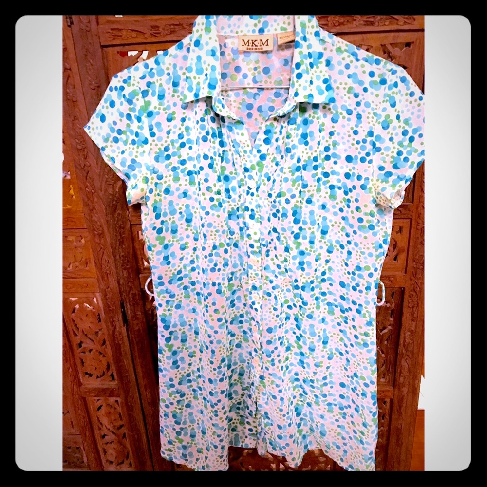 M.K.M. polyester blouse green/blue polkadots