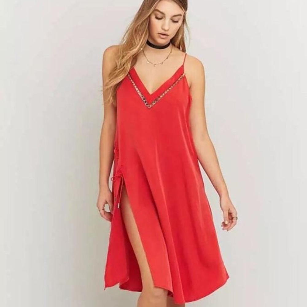 Free People Red Chain Neckline Side Slit Dress - Picture 4 of 4