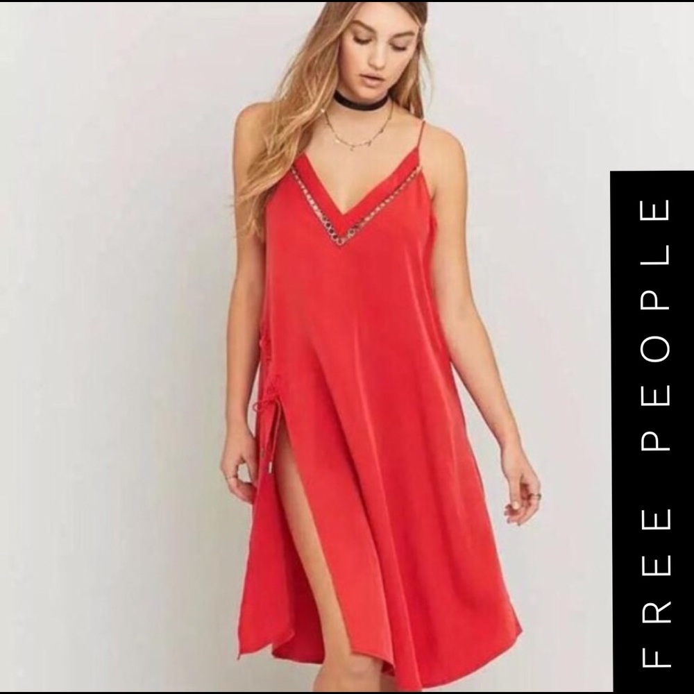 Free People Red Chain Neckline Side Slit Dress