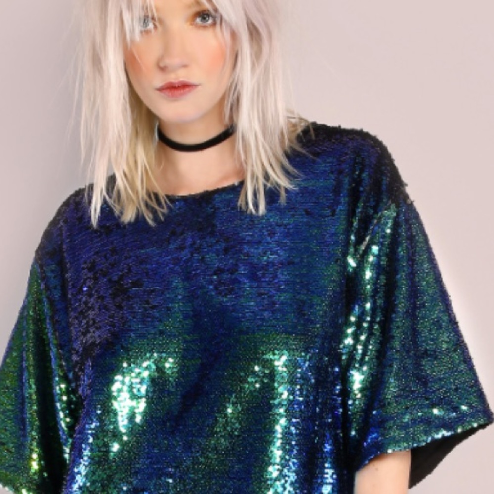 Iridescent Green Sequin Tee Dress