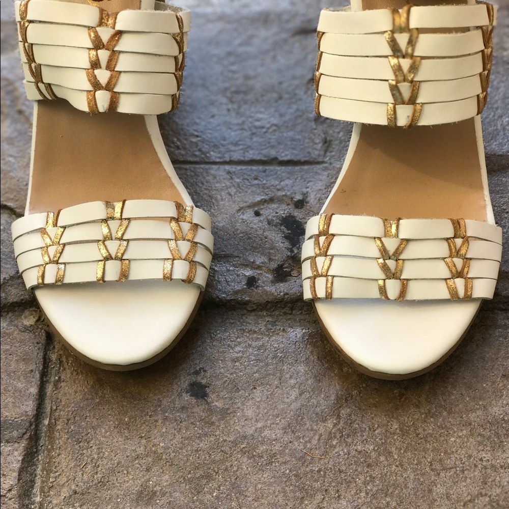 Stitched Ivory/Gold Leagher High Heel Sandals - Picture 6 of 6