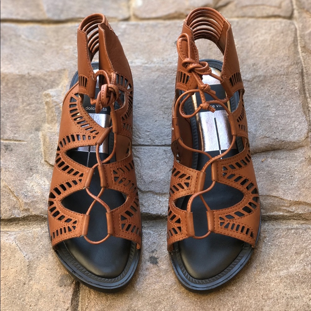 Cognac Cut Out Leather Gladiator Sandals - Picture 7 of 8