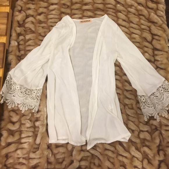 Sweaters - white kimono with flared sleeves and lace details