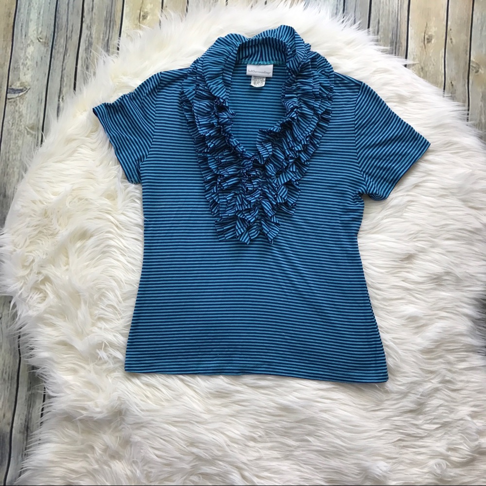 [Soft Surroundings] Blue Striped Ruffle Dalila Tee