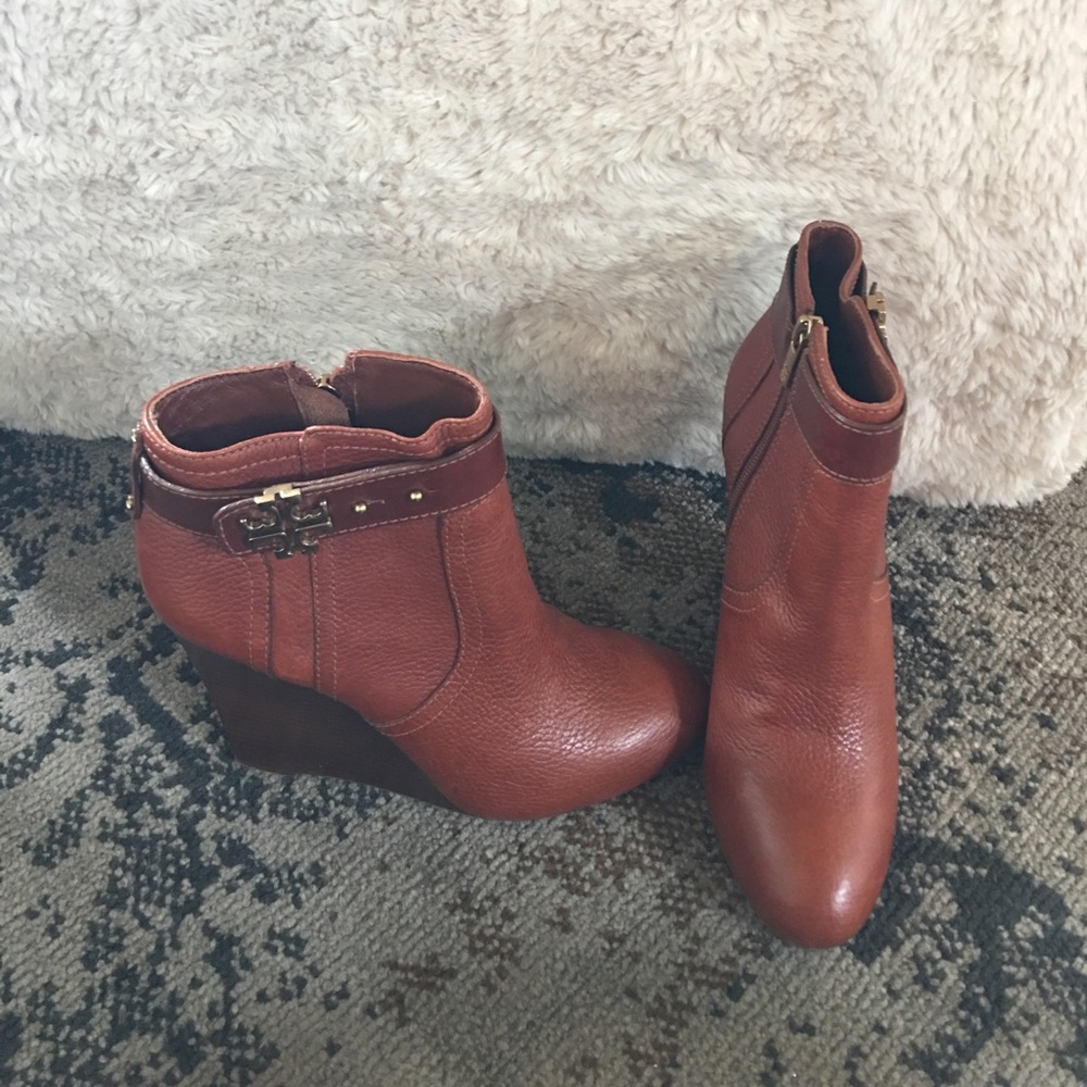Tory Burch cognac leather wedge booties