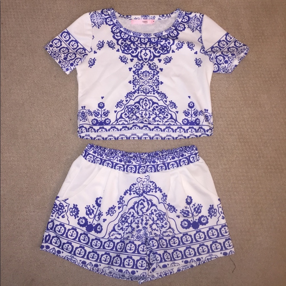 Blue white two piece outfit