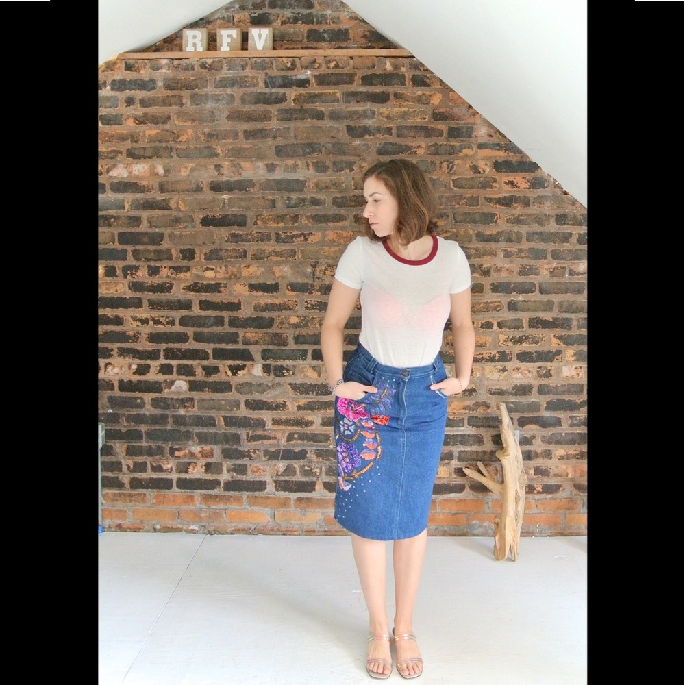 80s denim beaded high waist pencil skirt