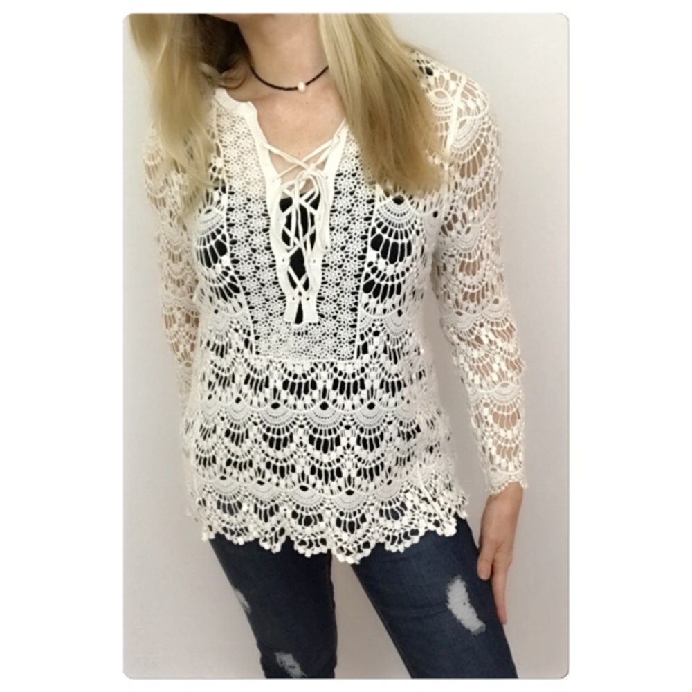 Crochet Lace Up Tunic Top Cover Up Sold - Picture 4 of 8