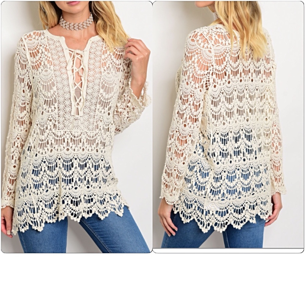 Crochet Lace Up Tunic Top Cover Up Sold - Picture 5 of 8