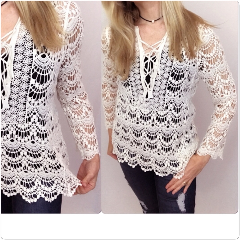 Crochet Lace Up Tunic Top Cover Up Sold - Picture 7 of 8