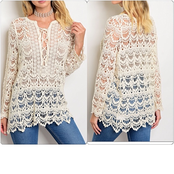 Crochet Lace Up Tunic Top Cover Up Sold - Picture 5 of 8