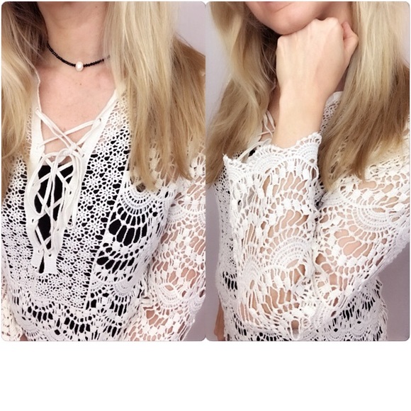 Crochet Lace Up Tunic Top Cover Up Sold - Picture 3 of 8