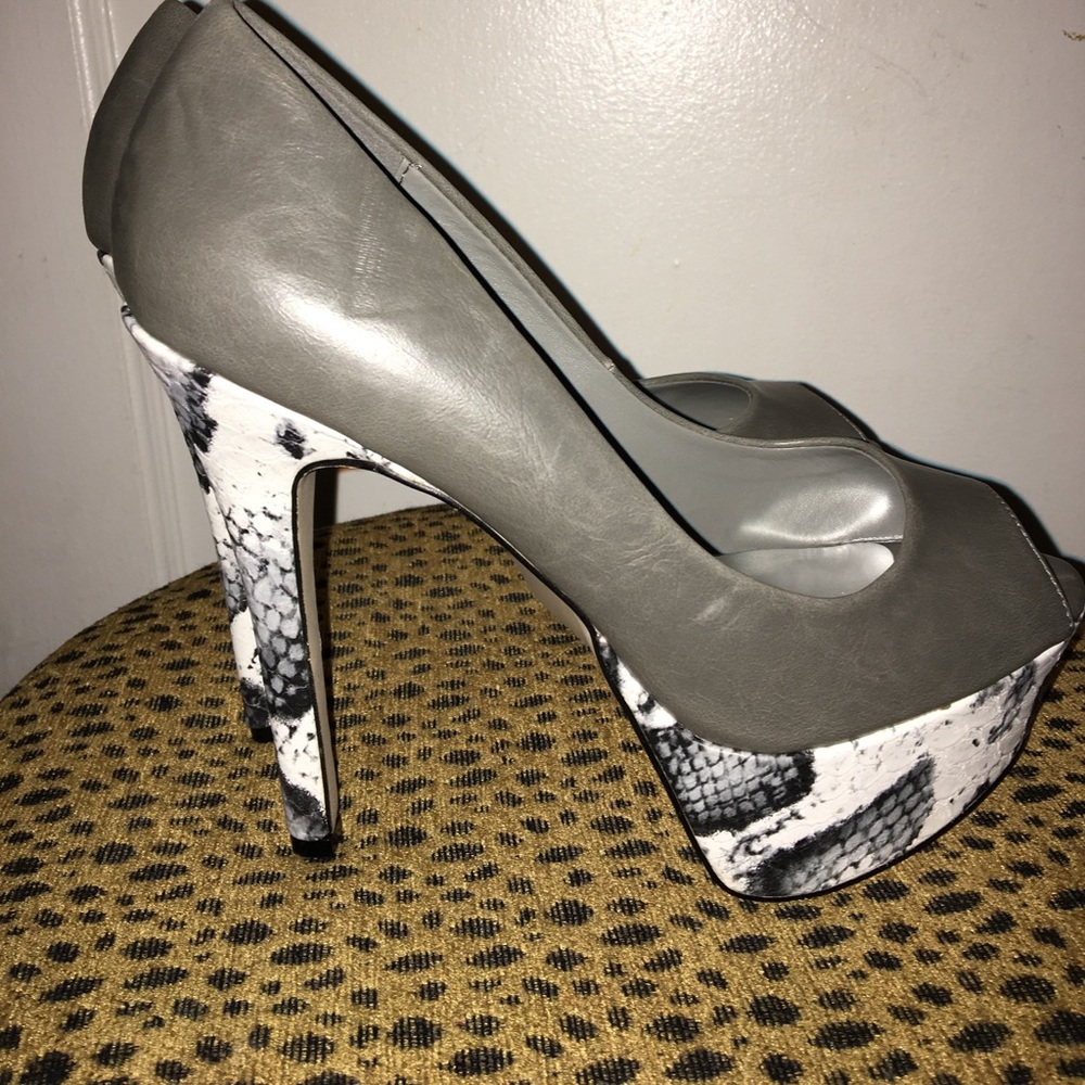 Grey and python print peep toe heels