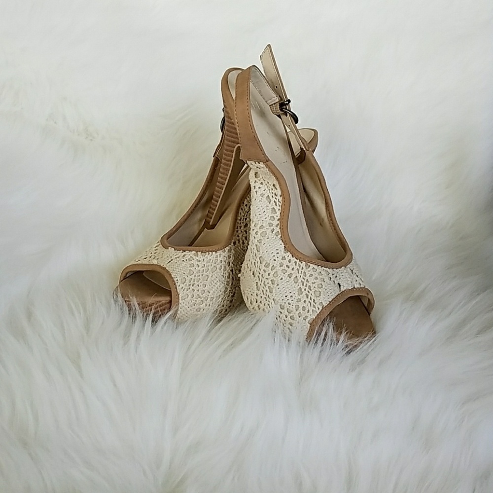 Elle cream lace over tan open toe stilettos