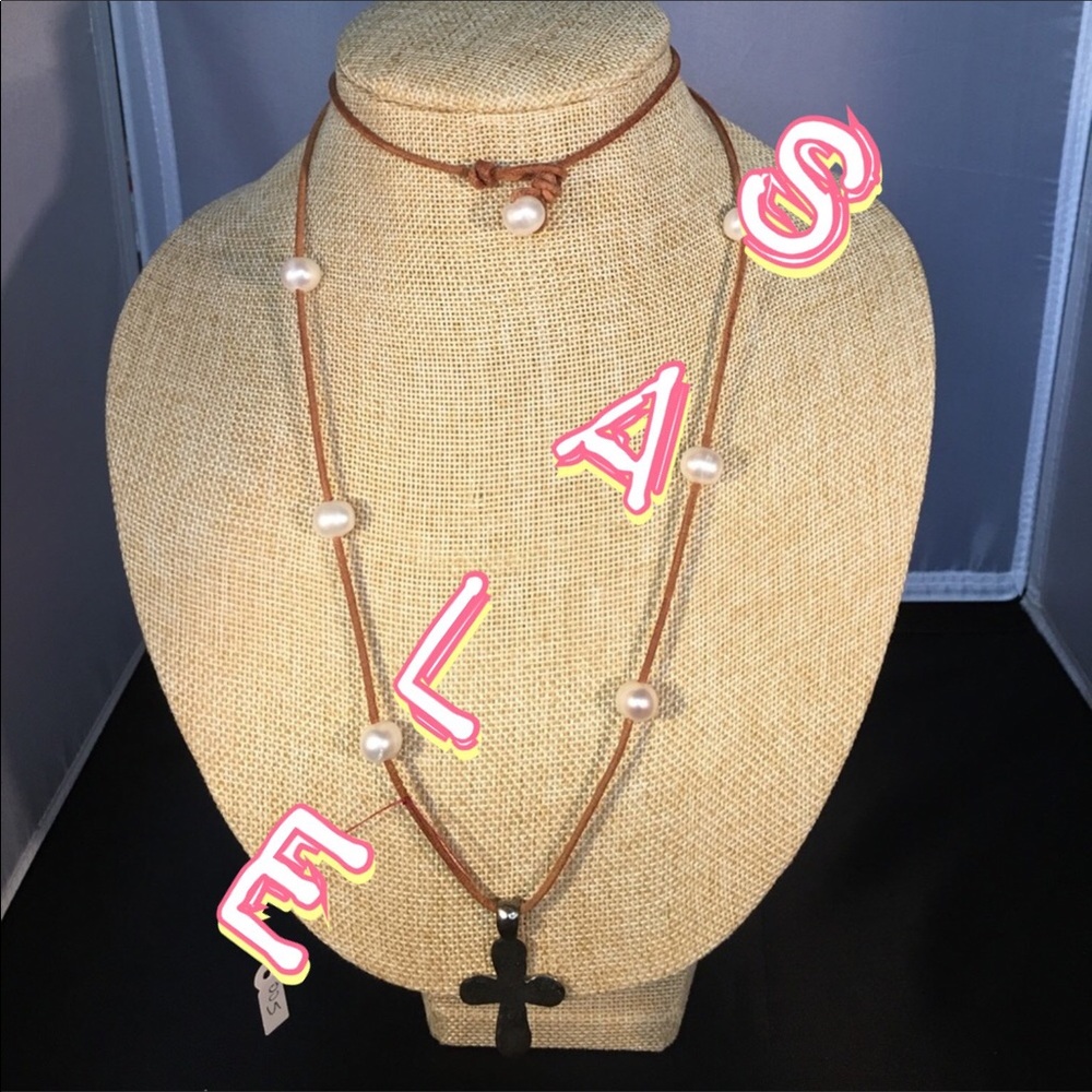 3 FOR $15. Leather and Pearl Necklace Silver Cross