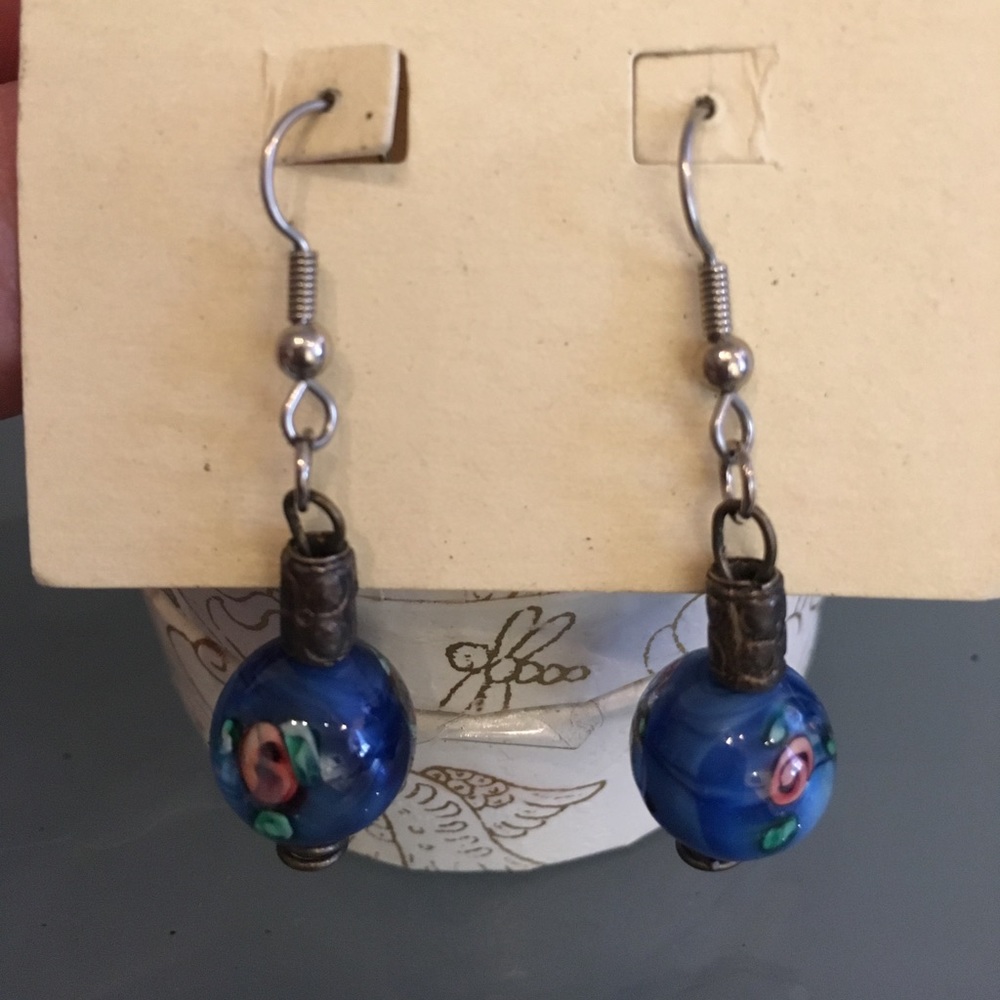 Vintage blue hand blown glass bead drop earrings
