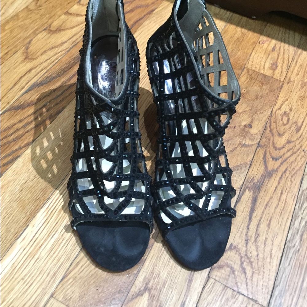 Michael Kors black suede open toe heels.