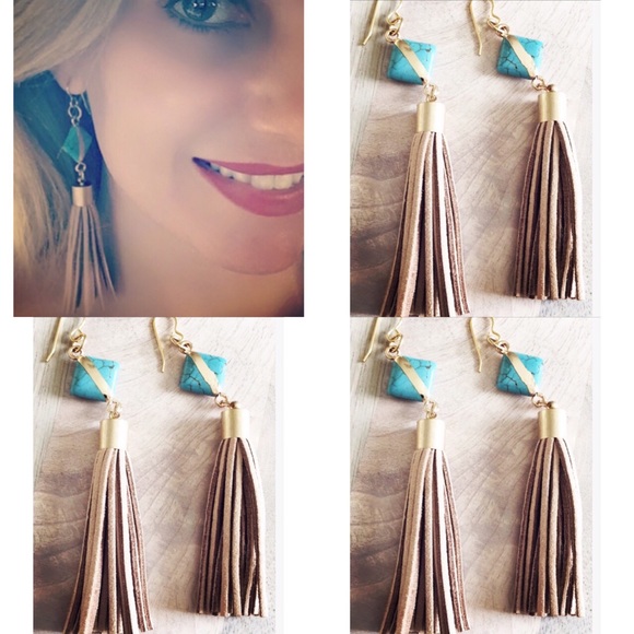 Boho turquoise leather Tassel drop earrings - Picture 2 of 4