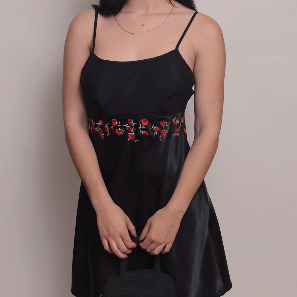 Black Rose Embroidered Slip Dress 90s Vintage