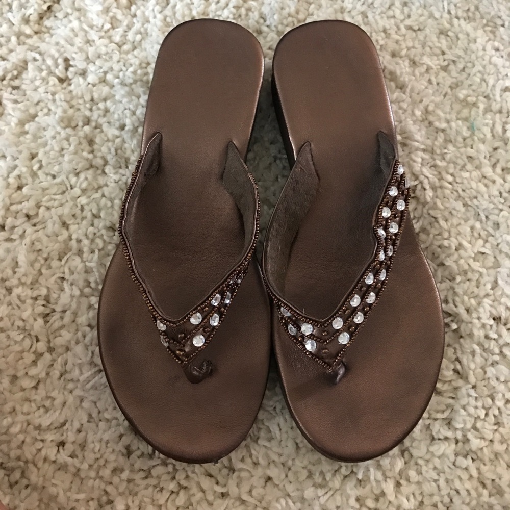 Brown Jeweled Wedge Flip Flops