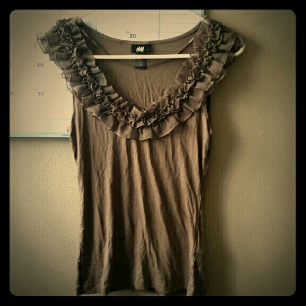 Ruffled Neck Sleeveless Brown Tank