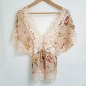 Pink Lace Floral Button Gypsy Festival Blouse (M)