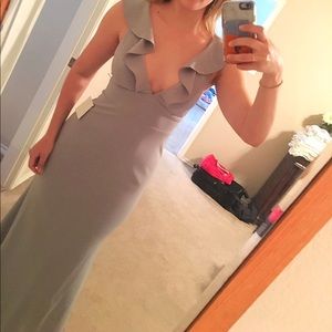 Gray Maxi Evening Dress with Ruffle Neckline