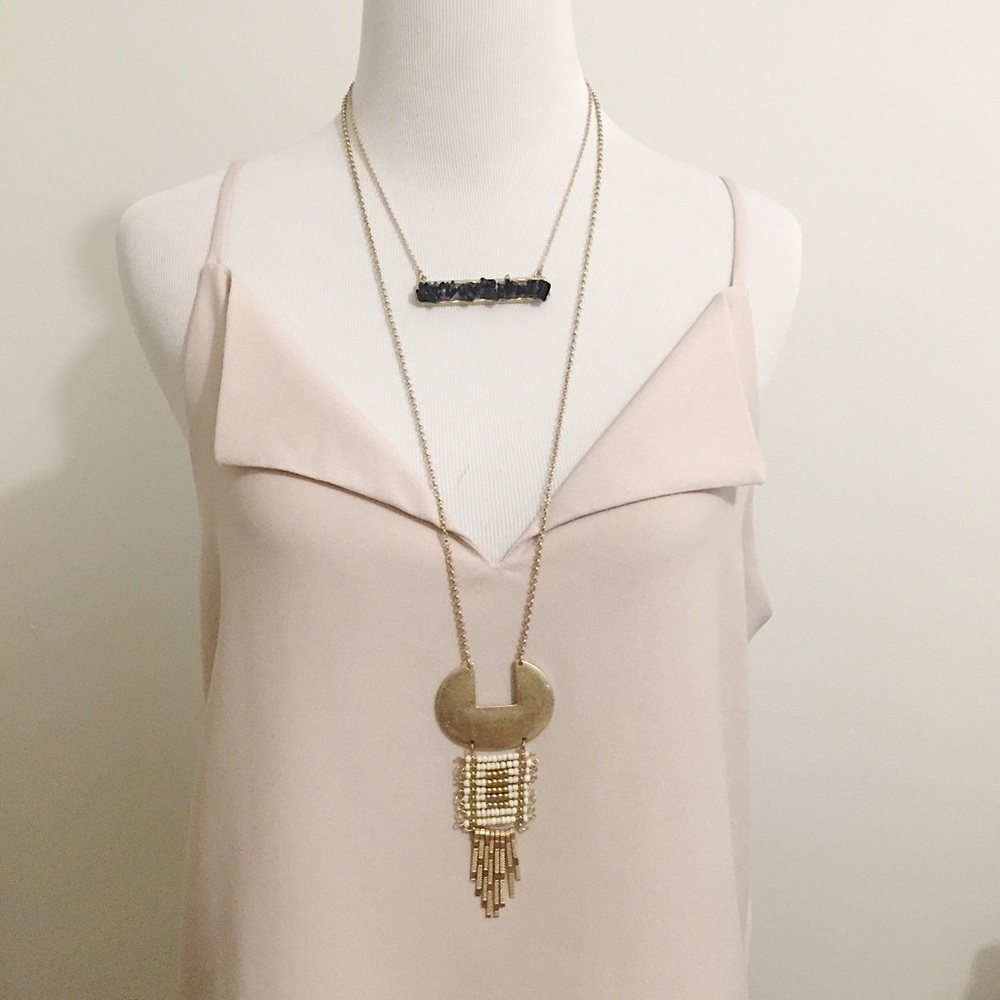 Long Gold & White Beaded Pendant Necklace
