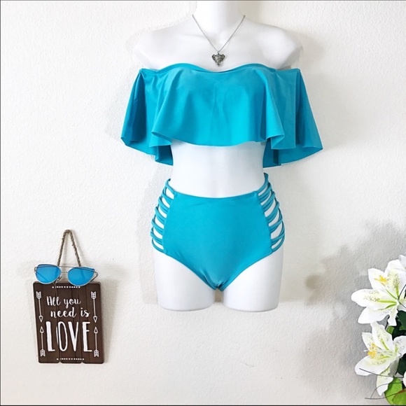 NEW Teal Ruffle Top Off Shoulder Hi Waisted Bikini - Picture 3 of 8