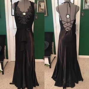 Black satin chiffon lace mermaid gown dress