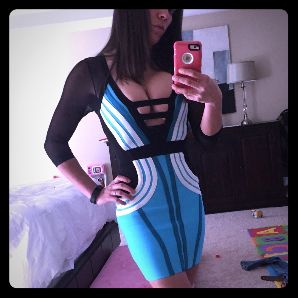 Herve Leger Long Sleeve Blue Bandage Dress