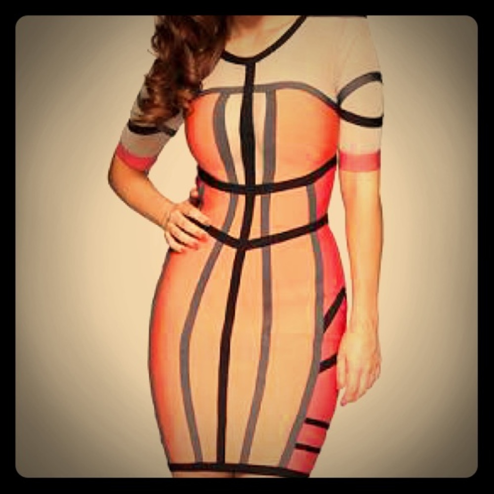 Herve Leger Long Sleeve Orange/Pink Bandage Dress