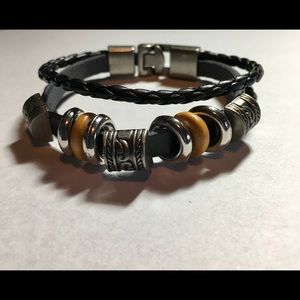 Black Faux Leather Bead Braid Bracelet