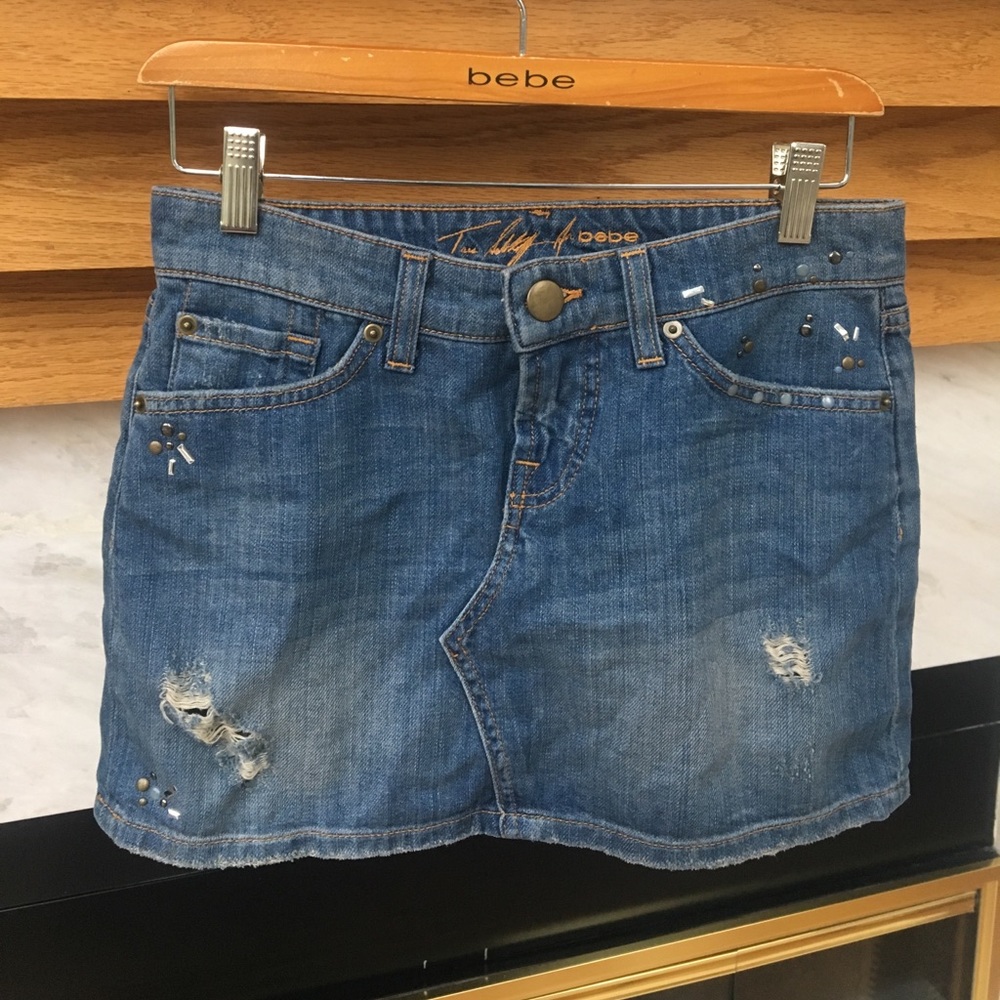 Bebe Distressed Denim Skirt