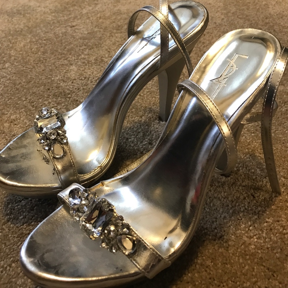 Silver formal heels with gem embellishment