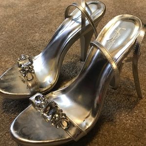 Silver formal heels with gem embellishment