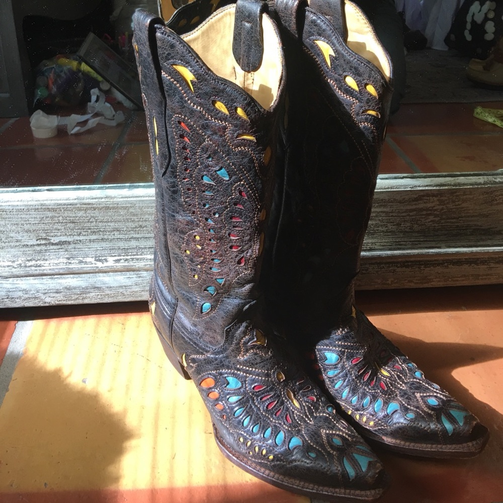 Colorful black crackled cowgirl boots