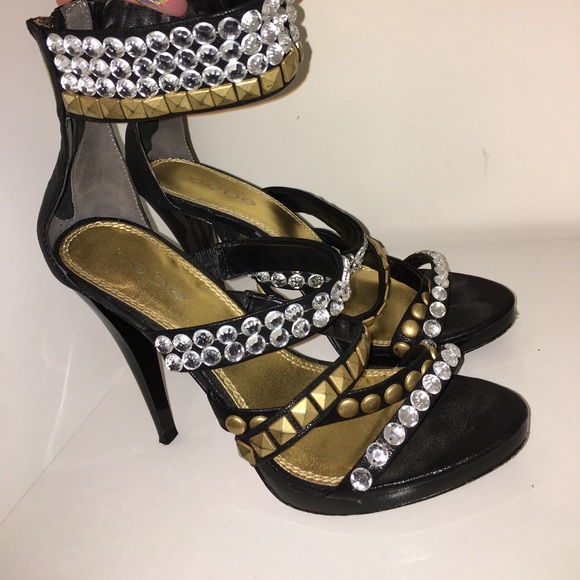 black and gold rhinestone heels