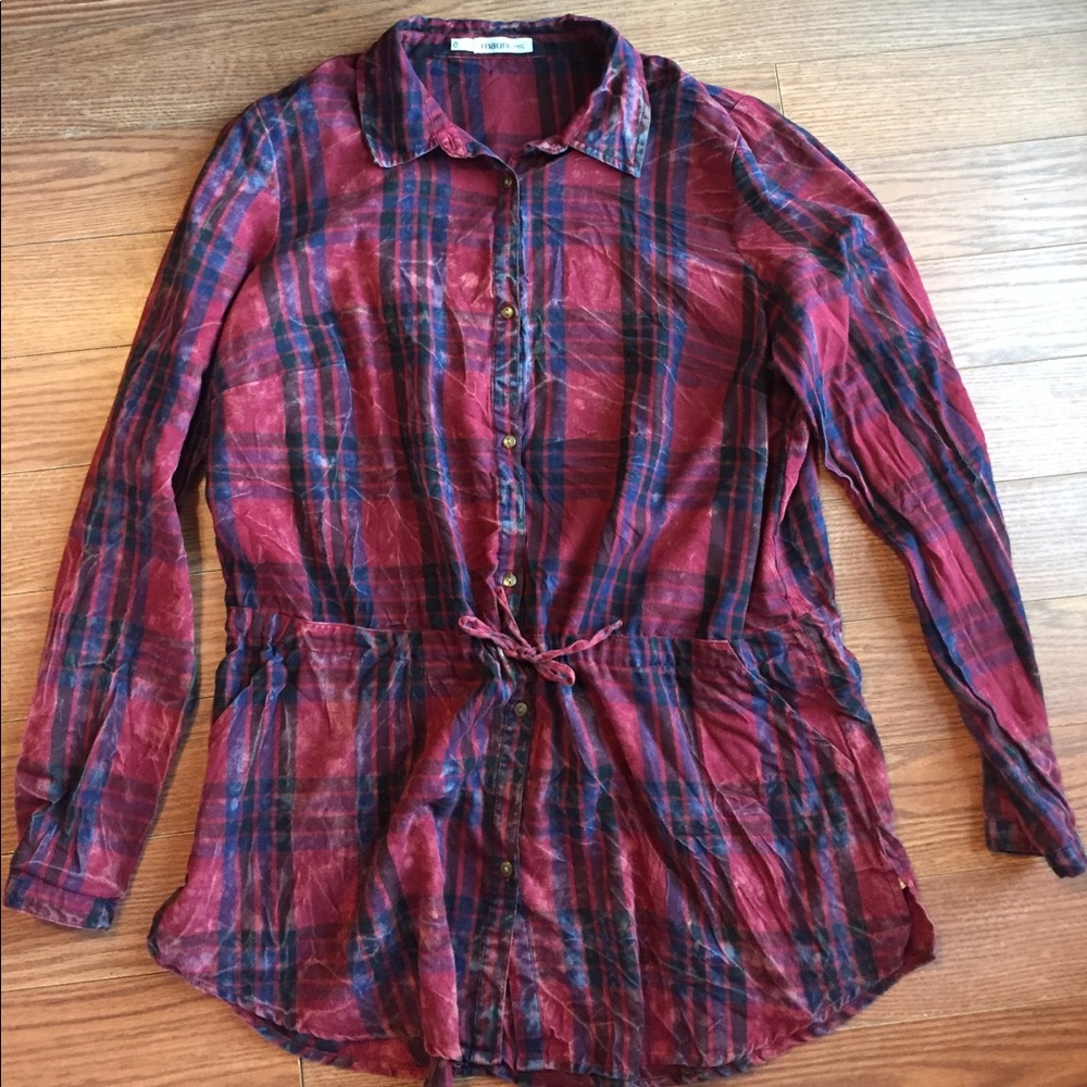 Maurices gathered waist plaid shirt size 0 (14)