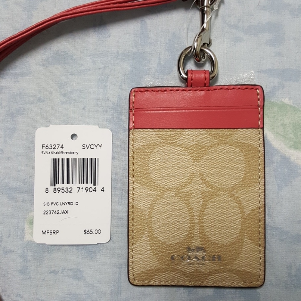 NWT Coach id badge lanyard khaki/strawberry