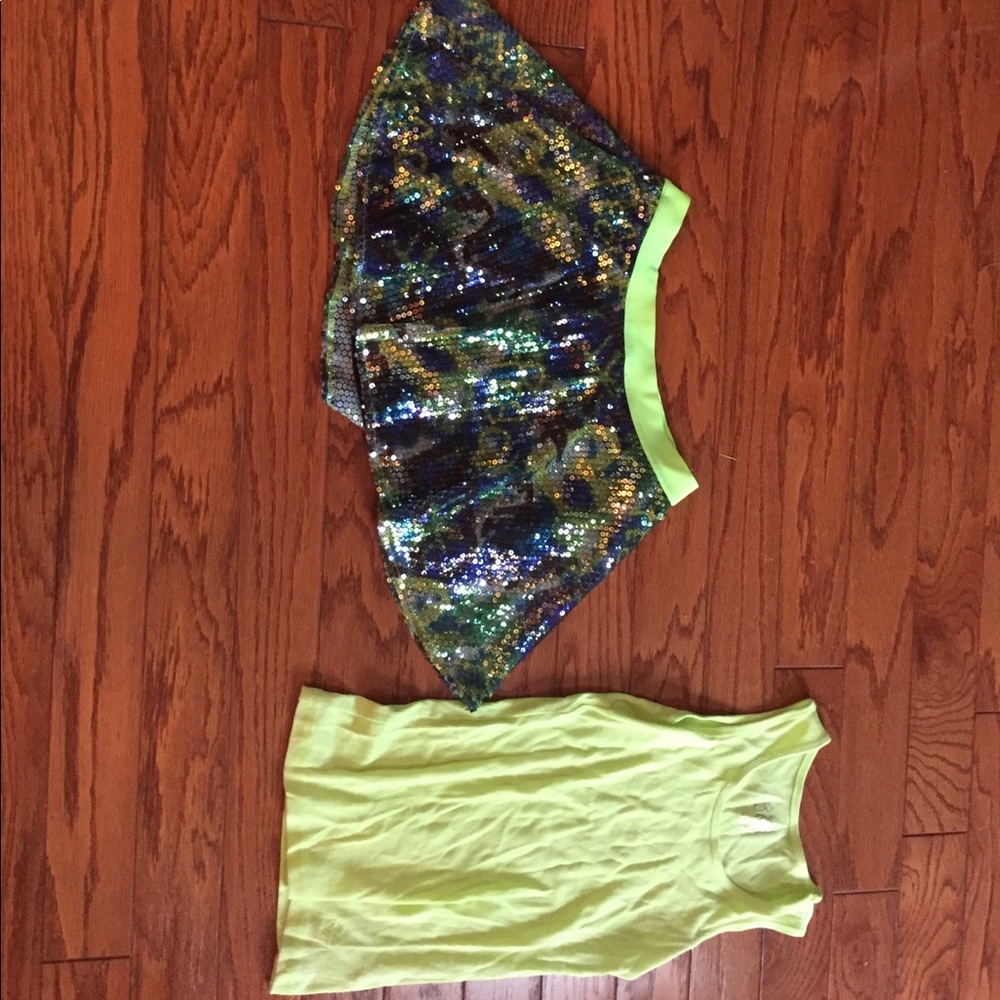 Sparkly skirt and green tank top