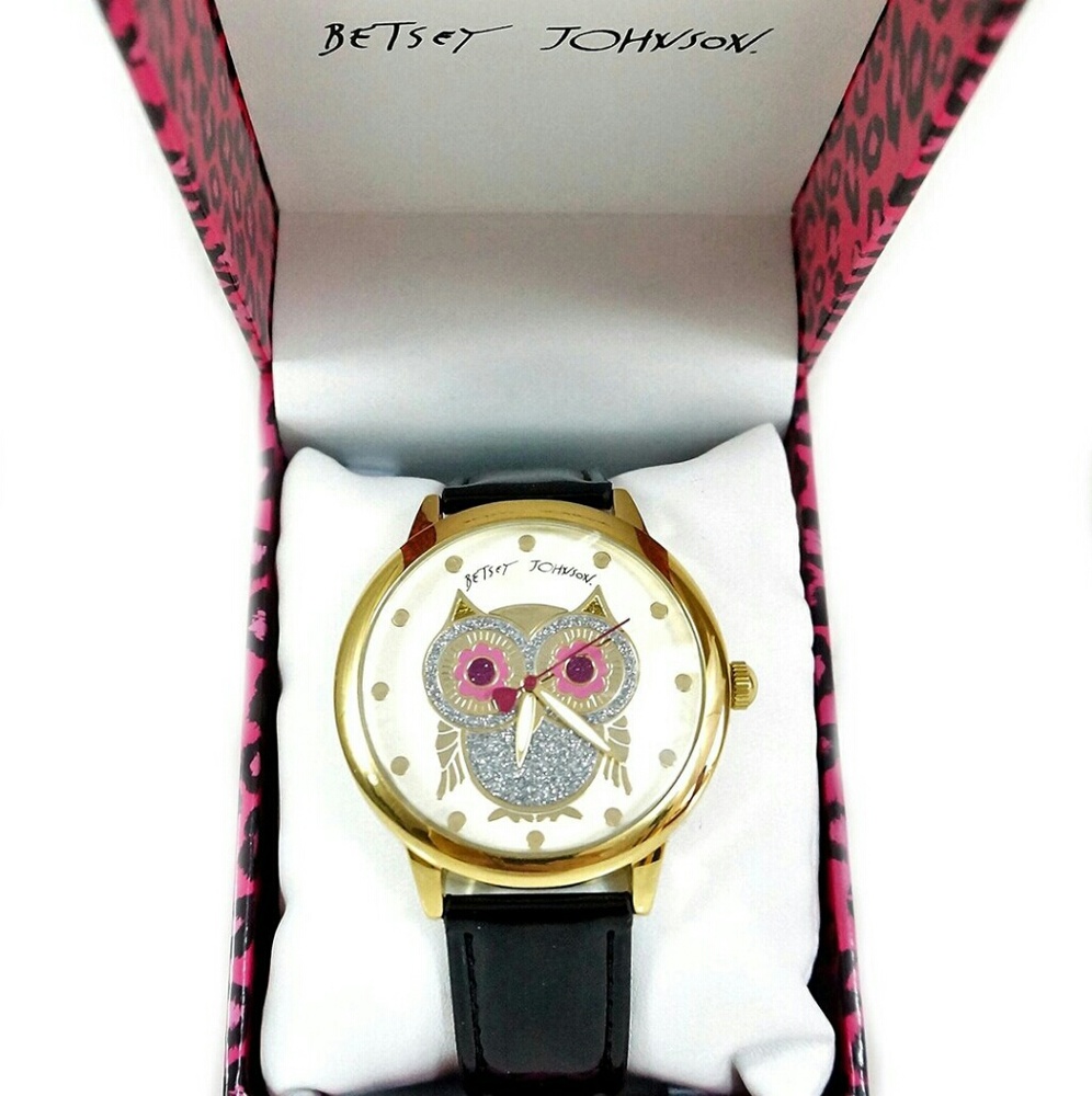 Betsey Johnson Gold Owl Dial Black Strap Watch