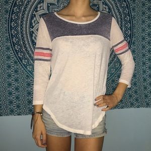 White/blue shirt w baseball sleeves