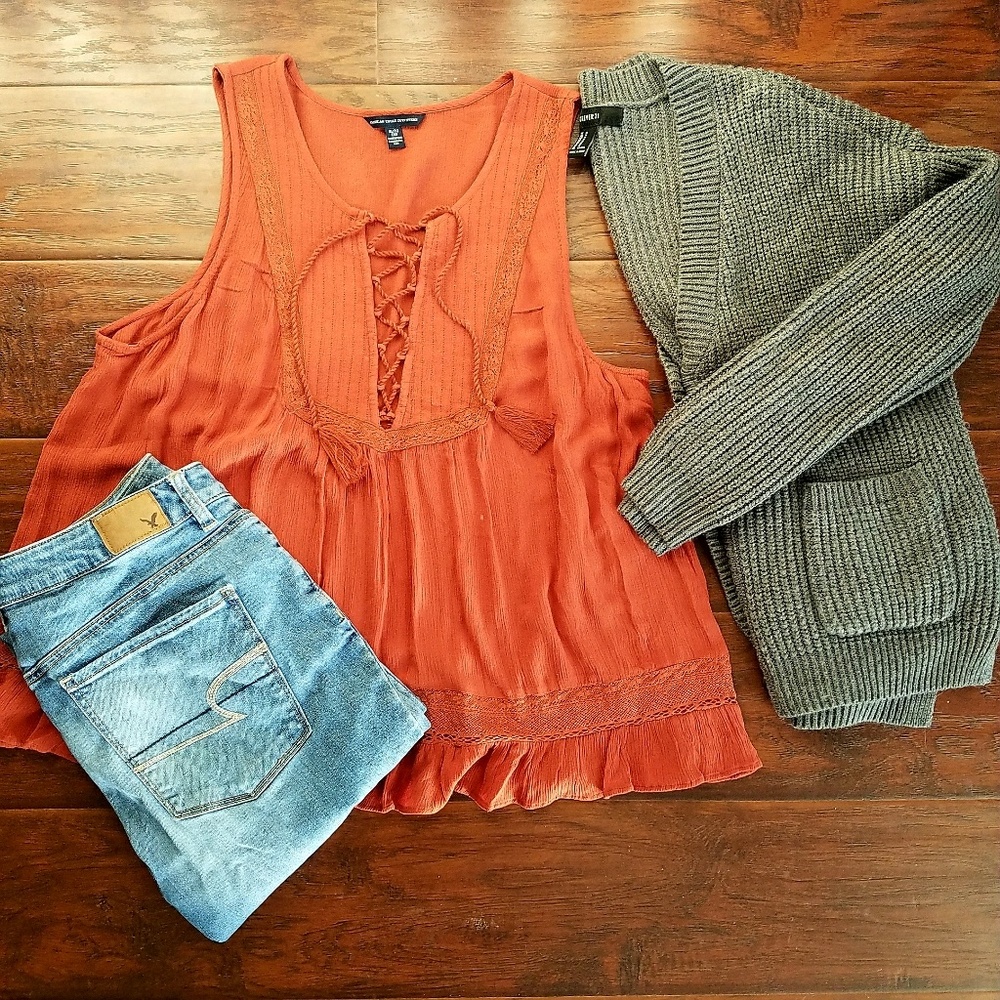 American Eagle Lace Up Ruffled Top