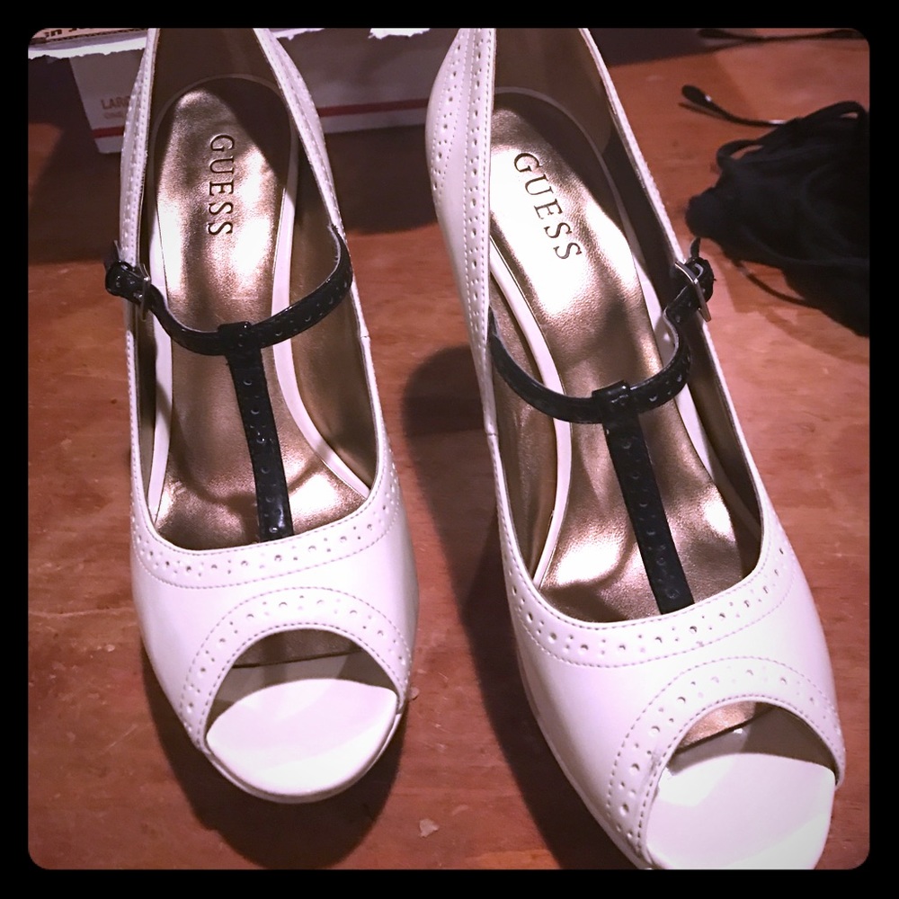 White with black accent guess platform heels