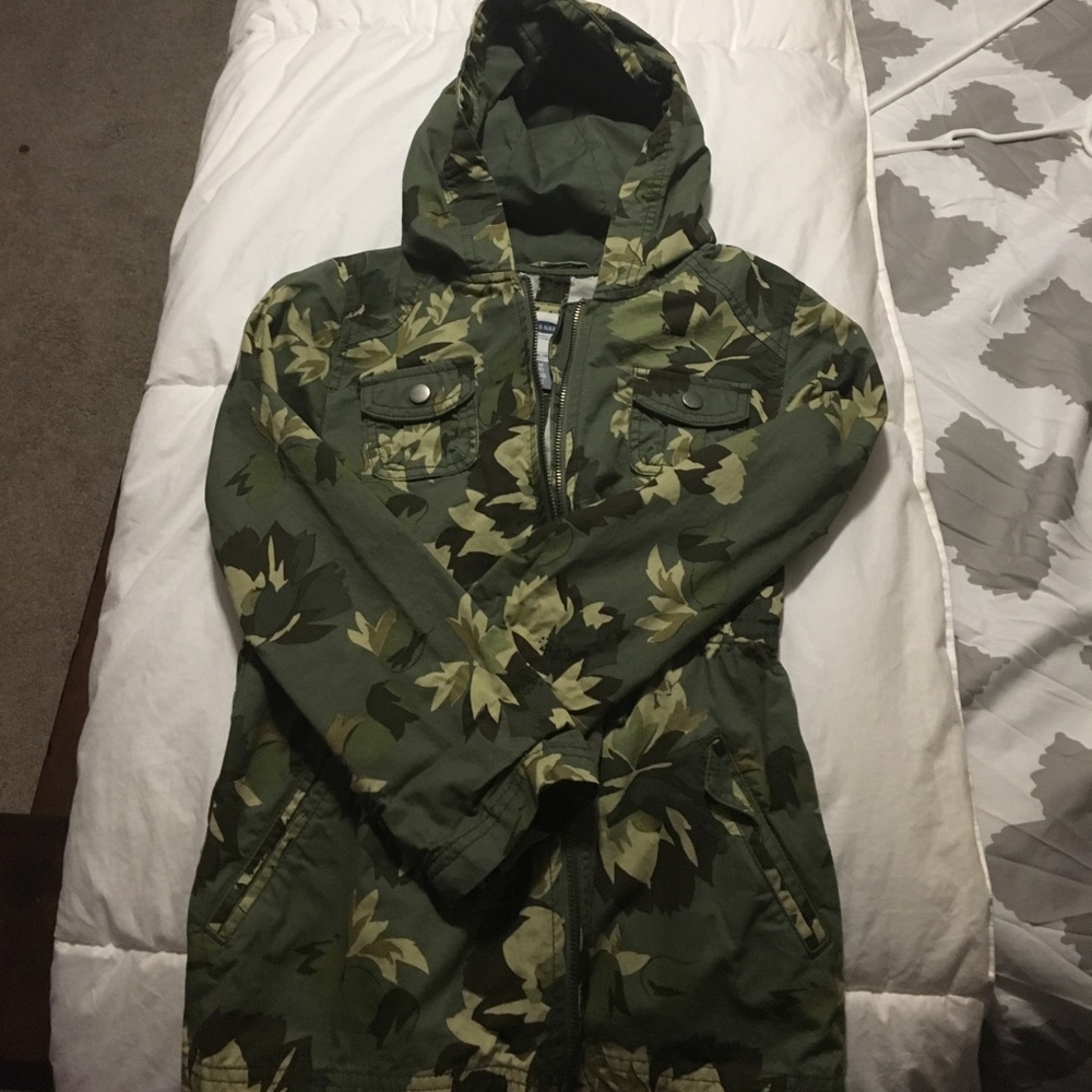 Girls camp hooded, belted zip up jacket.
